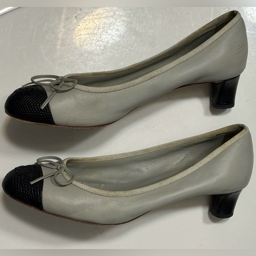 Cap-Toe Kitten Heel CC Pumps - Gray/Black, 38, Leather - Picture 6 of 12